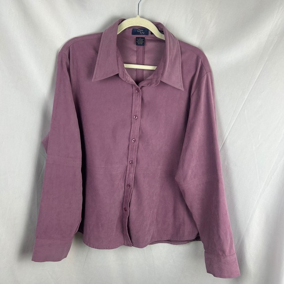 RAG Women XL Purple Button Down Long Sleeve Stretch Suede Shirt Y2K 90s Vintage - Picture 2 of 7